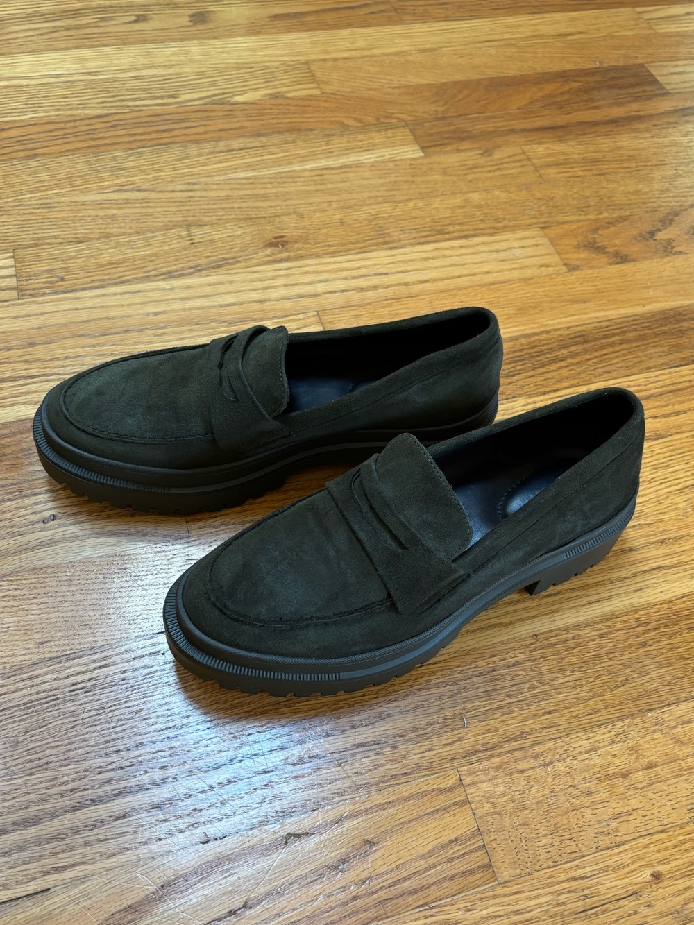Patina dark olive green suede leather handmade loafers size 40.5 / 9.5